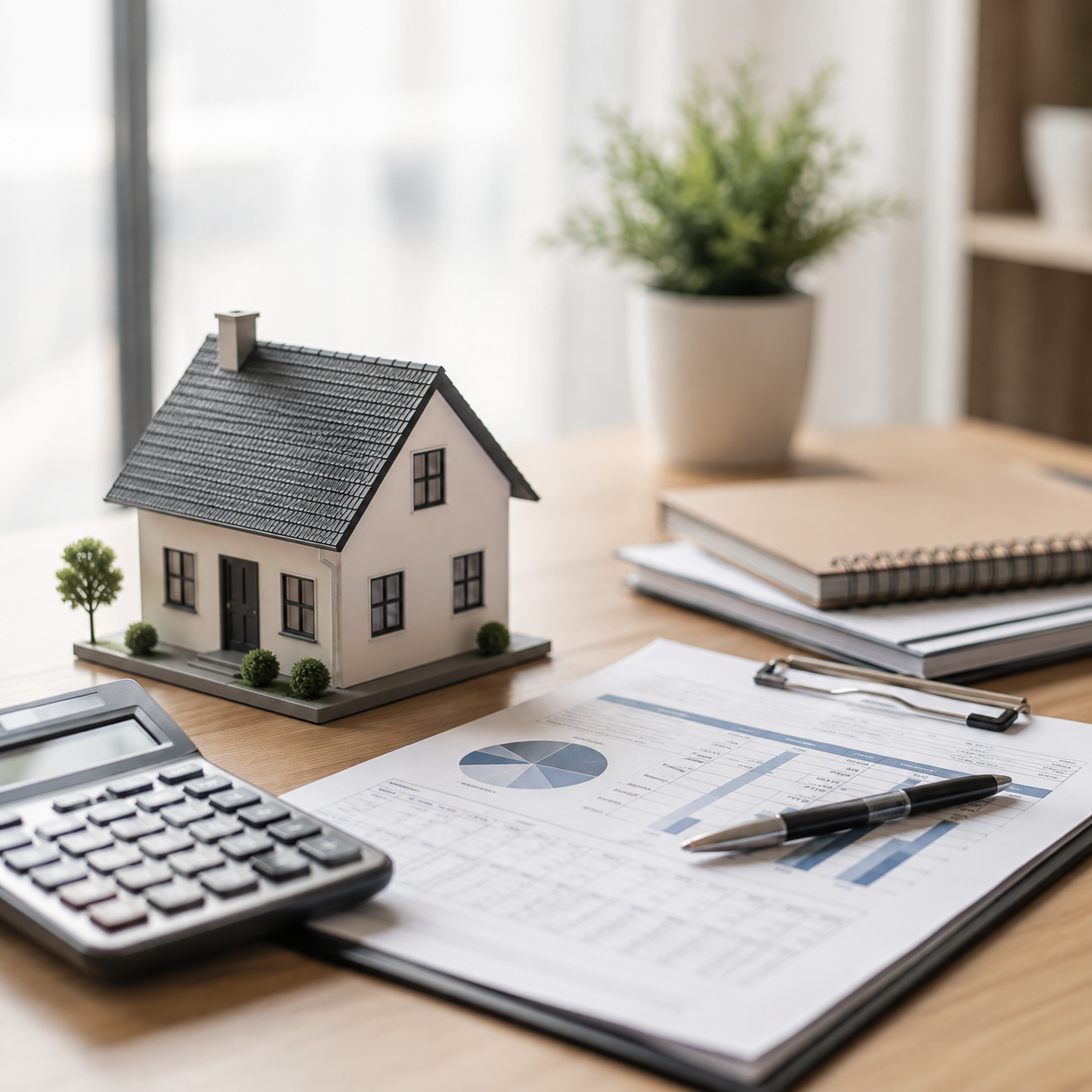 Maquete de casa sobre a mesa, ao lado de calculadora e planilhas de financiamento